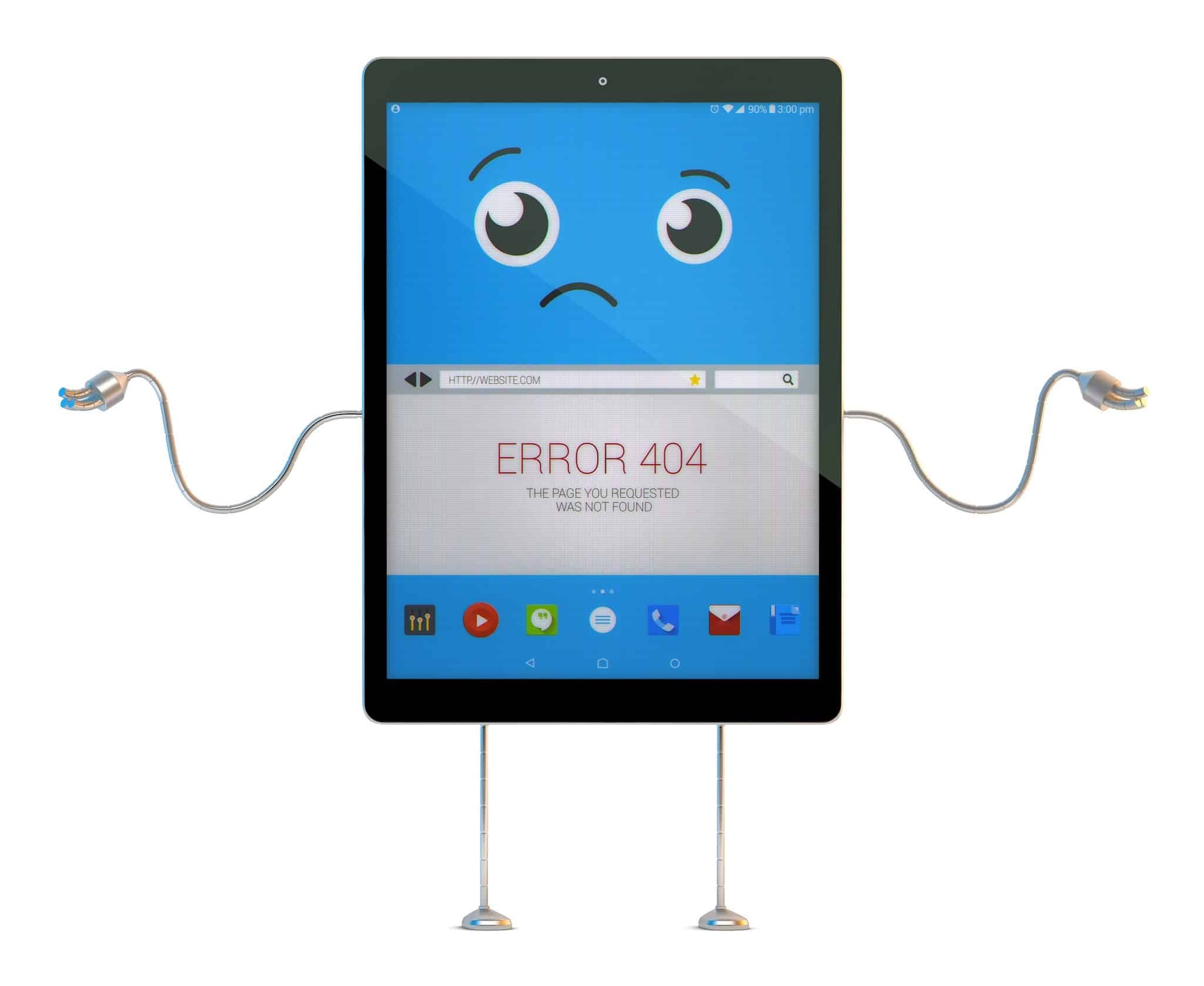 Tablet cartoon character with 404 Error on screen. 3D illustration. Contains clipping path.