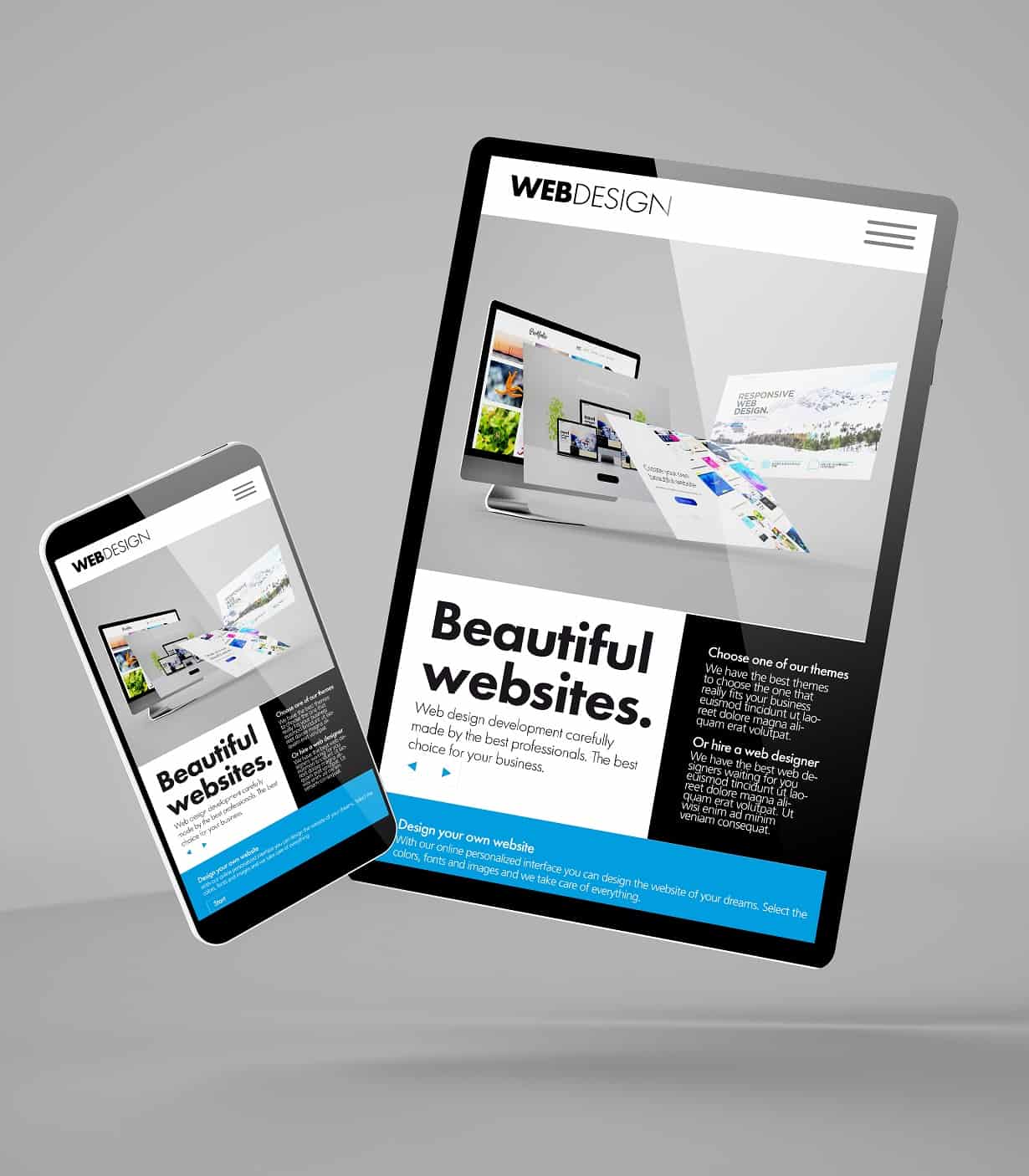 flying smartphone and tablet mockup 3d rendering showing builder website