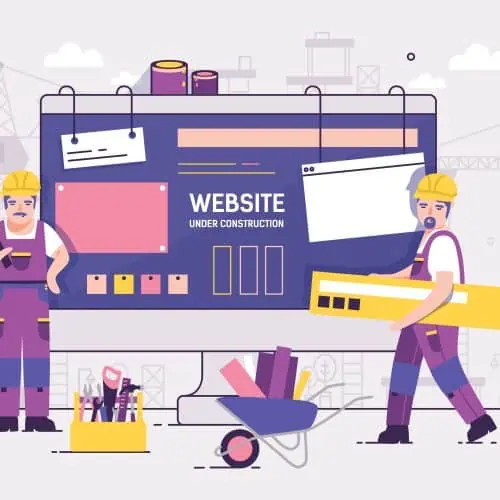 Pair of servicemen or repairmen holding and carrying repair tools against computer monitor on background. Concept of website under construction, web page maintenance or error 404. Vector illustration